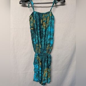 Turquoise Floral Romper With Adjustable Straps &  Elastic Stretch Bust, One Size